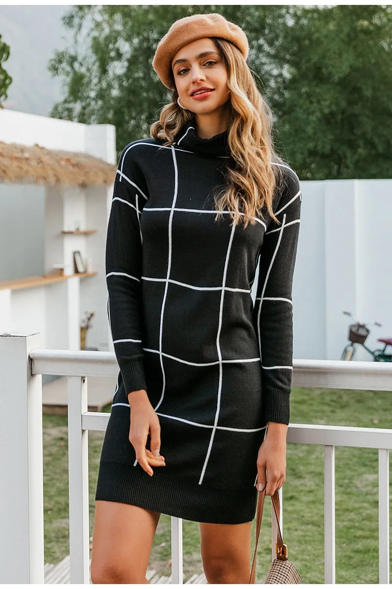 Elegant knitted Long sleeve turtleneck plaid Winter straight chic pullover sweater dress