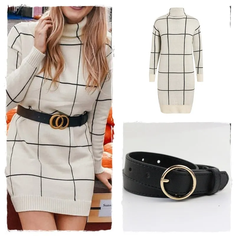 Elegant knitted Long sleeve turtleneck plaid Winter straight chic pullover sweater dress