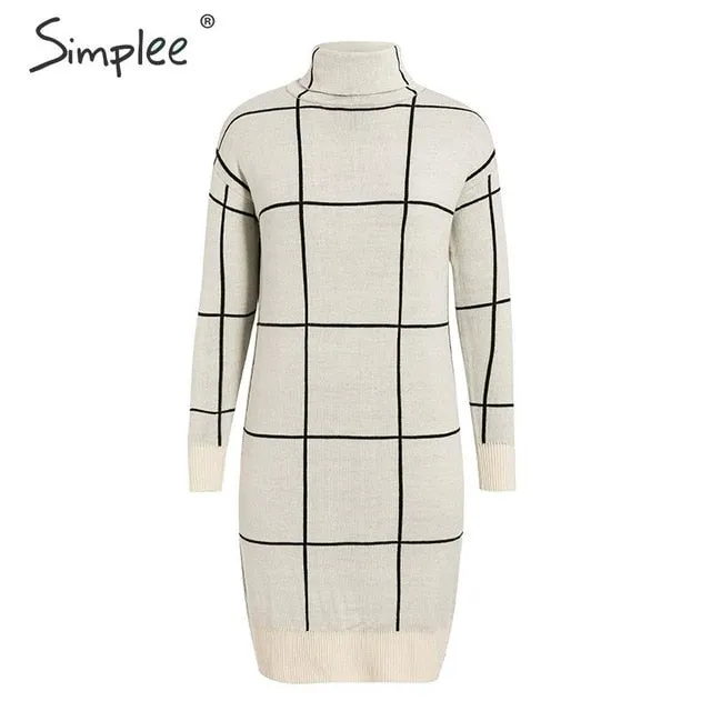 Elegant knitted Long sleeve turtleneck plaid Winter straight chic pullover sweater dress