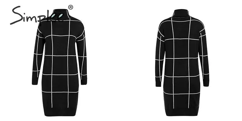 Elegant knitted Long sleeve turtleneck plaid Winter straight chic pullover sweater dress