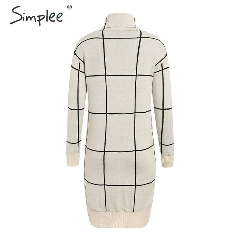 Elegant knitted Long sleeve turtleneck plaid Winter straight chic pullover sweater dress