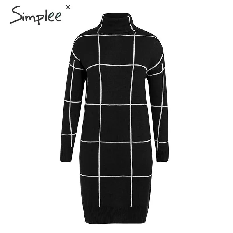 Elegant knitted Long sleeve turtleneck plaid Winter straight chic pullover sweater dress