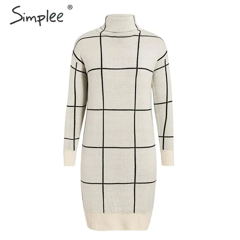 Elegant knitted Long sleeve turtleneck plaid Winter straight chic pullover sweater dress