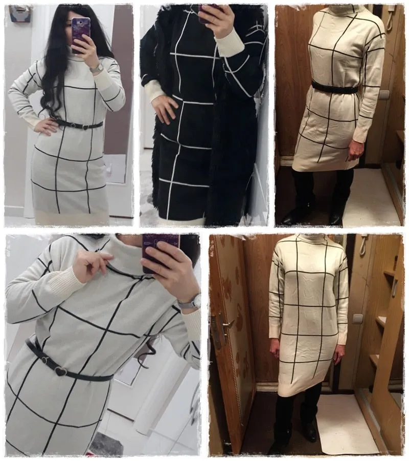 Elegant knitted Long sleeve turtleneck plaid Winter straight chic pullover sweater dress