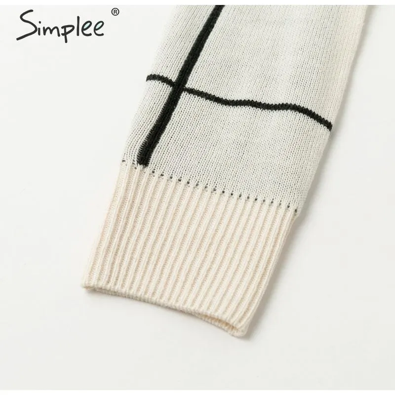 Elegant knitted Long sleeve turtleneck plaid Winter straight chic pullover sweater dress