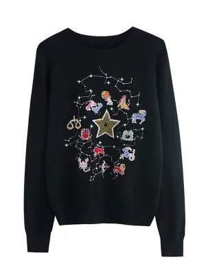 Embroidered Star Women's Sweater Autumn Winter O-neck Japanese Fashion Pullover Slim Knitted Long-sleeved Tops C-073