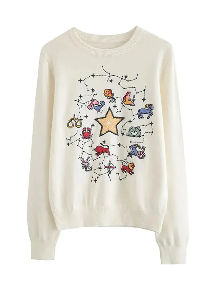 Embroidered Star Women's Sweater Autumn Winter O-neck Japanese Fashion Pullover Slim Knitted Long-sleeved Tops C-073