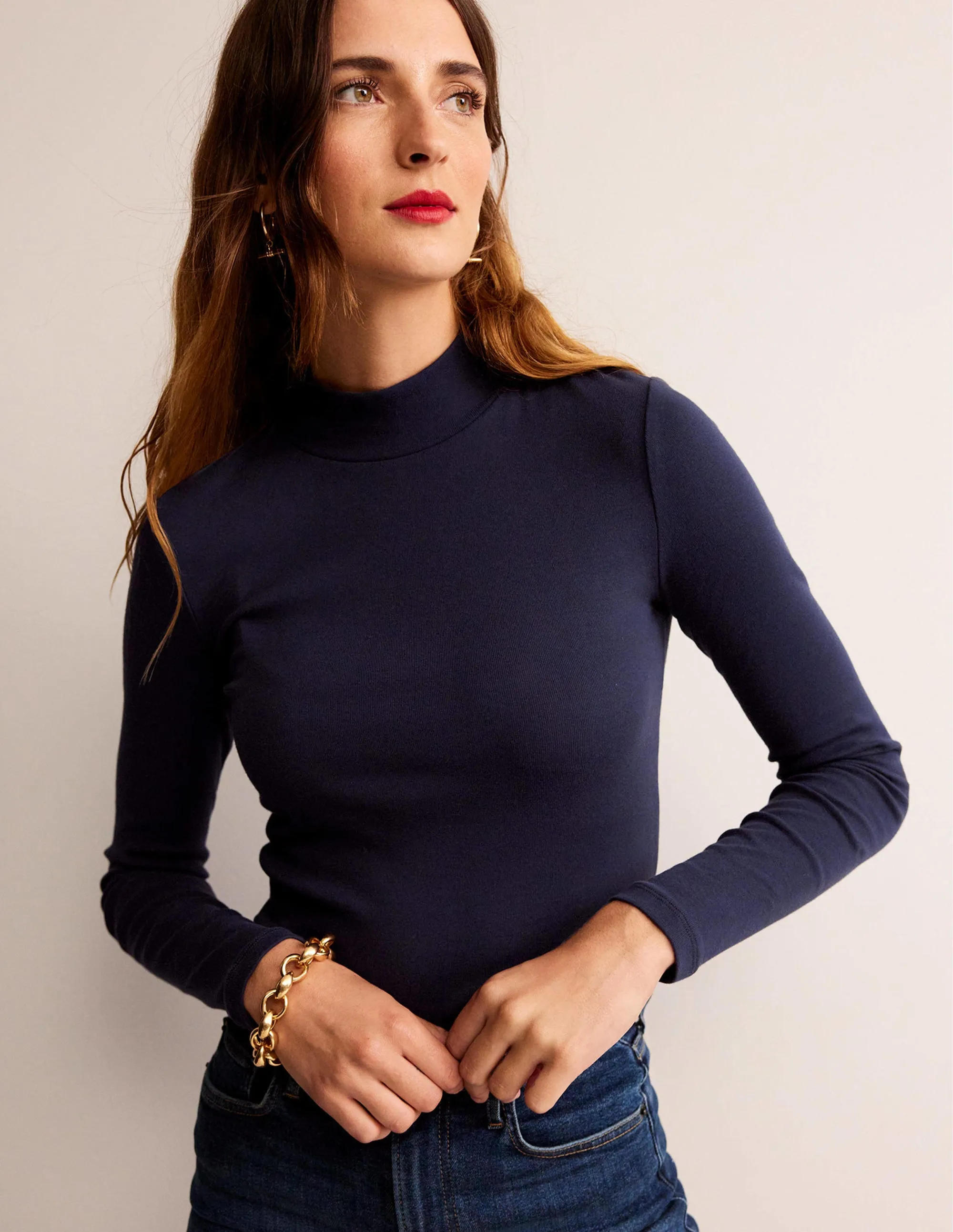 Essential High Neck Jersey Top-Navy