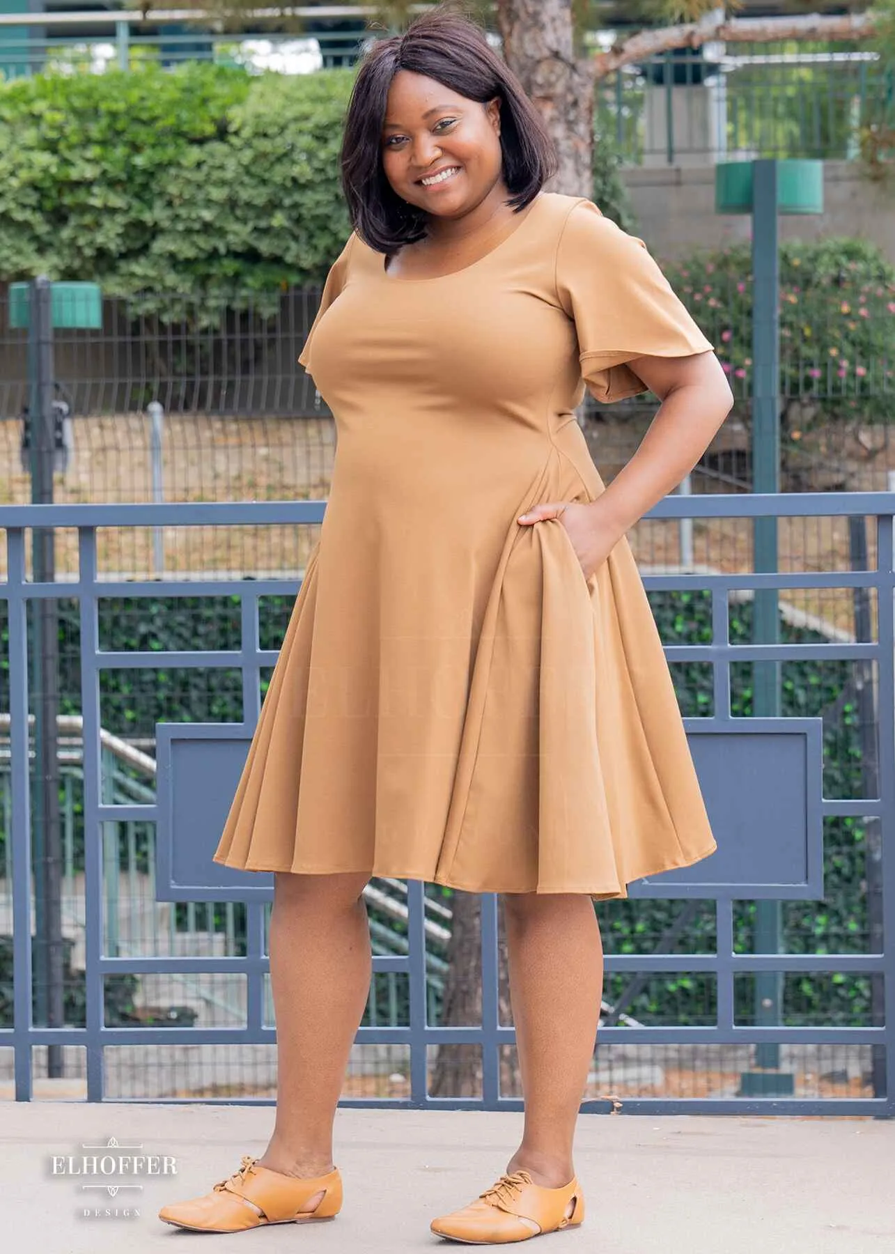 Essential Knee Length Flutter Sleeve Dress - Dark Caramel Ponte