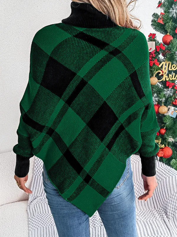 Fancy Plaid Turtleneck Long Sleeve Poncho Sweater