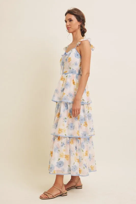 FLORAL MIDI DRESS WITH RUFFLED STRAPS