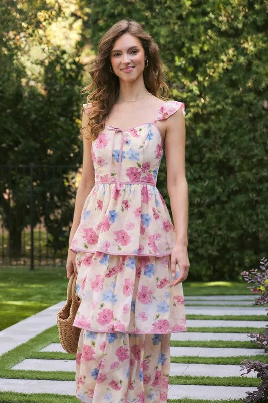FLORAL MIDI DRESS WITH RUFFLED STRAPS