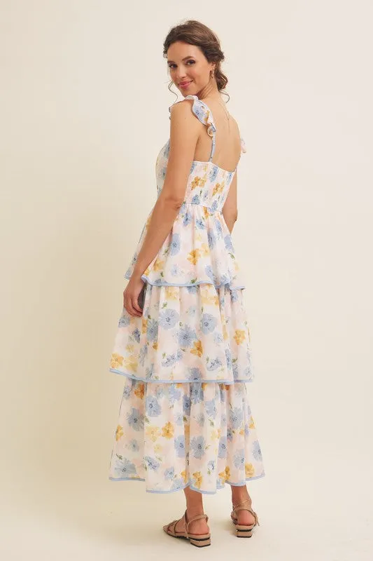 FLORAL MIDI DRESS WITH RUFFLED STRAPS
