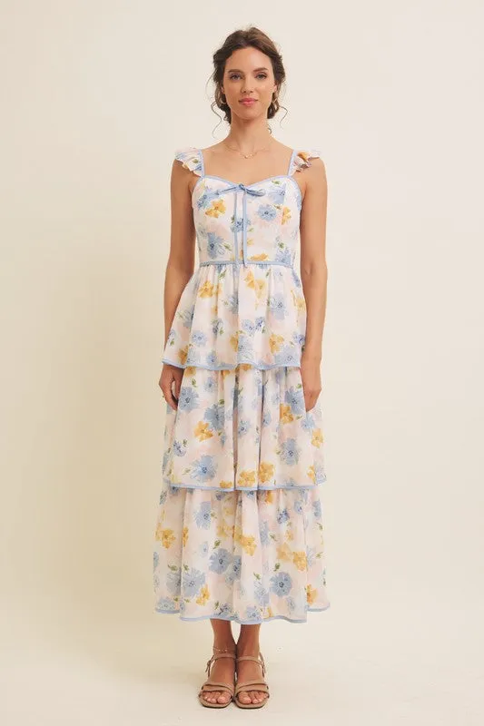 FLORAL MIDI DRESS WITH RUFFLED STRAPS