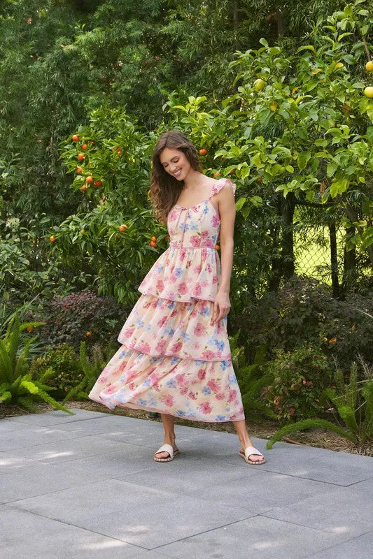 FLORAL MIDI DRESS WITH RUFFLED STRAPS