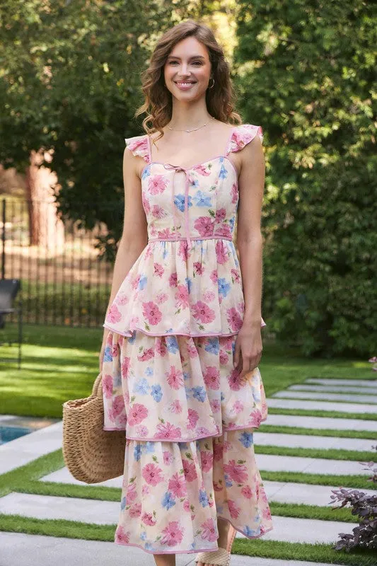 FLORAL MIDI DRESS WITH RUFFLED STRAPS