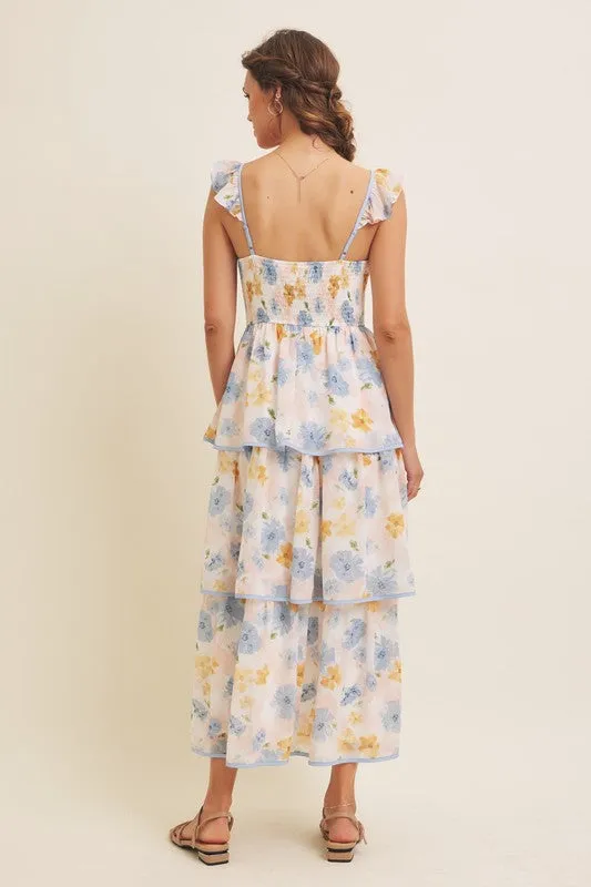 FLORAL MIDI DRESS WITH RUFFLED STRAPS