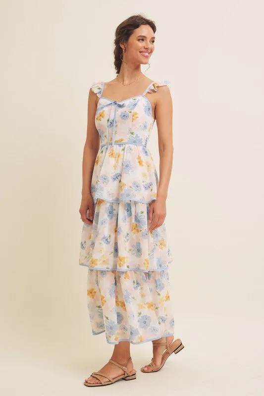 FLORAL MIDI DRESS WITH RUFFLED STRAPS