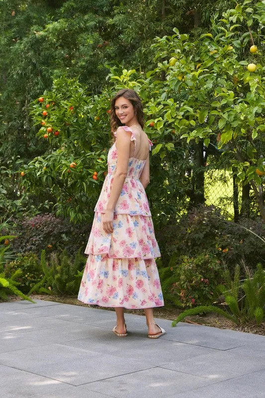 FLORAL MIDI DRESS WITH RUFFLED STRAPS