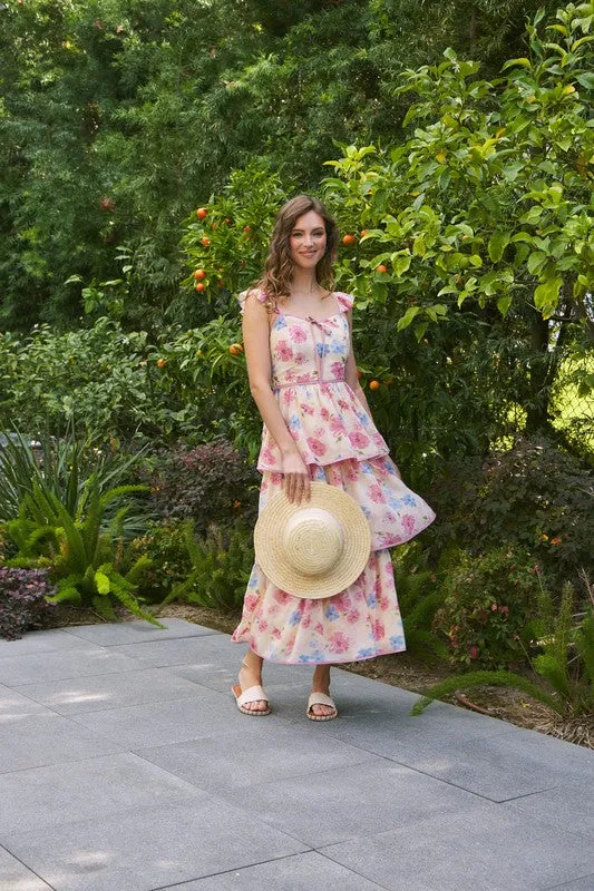 FLORAL MIDI DRESS WITH RUFFLED STRAPS