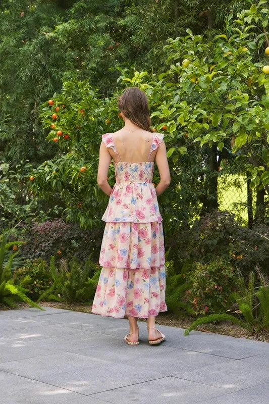 FLORAL MIDI DRESS WITH RUFFLED STRAPS