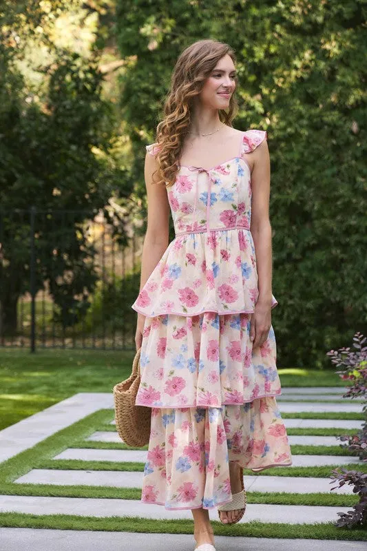 FLORAL MIDI DRESS WITH RUFFLED STRAPS
