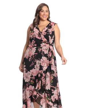 Floral side tie ruffle wrap maxi dress | Black/Pink