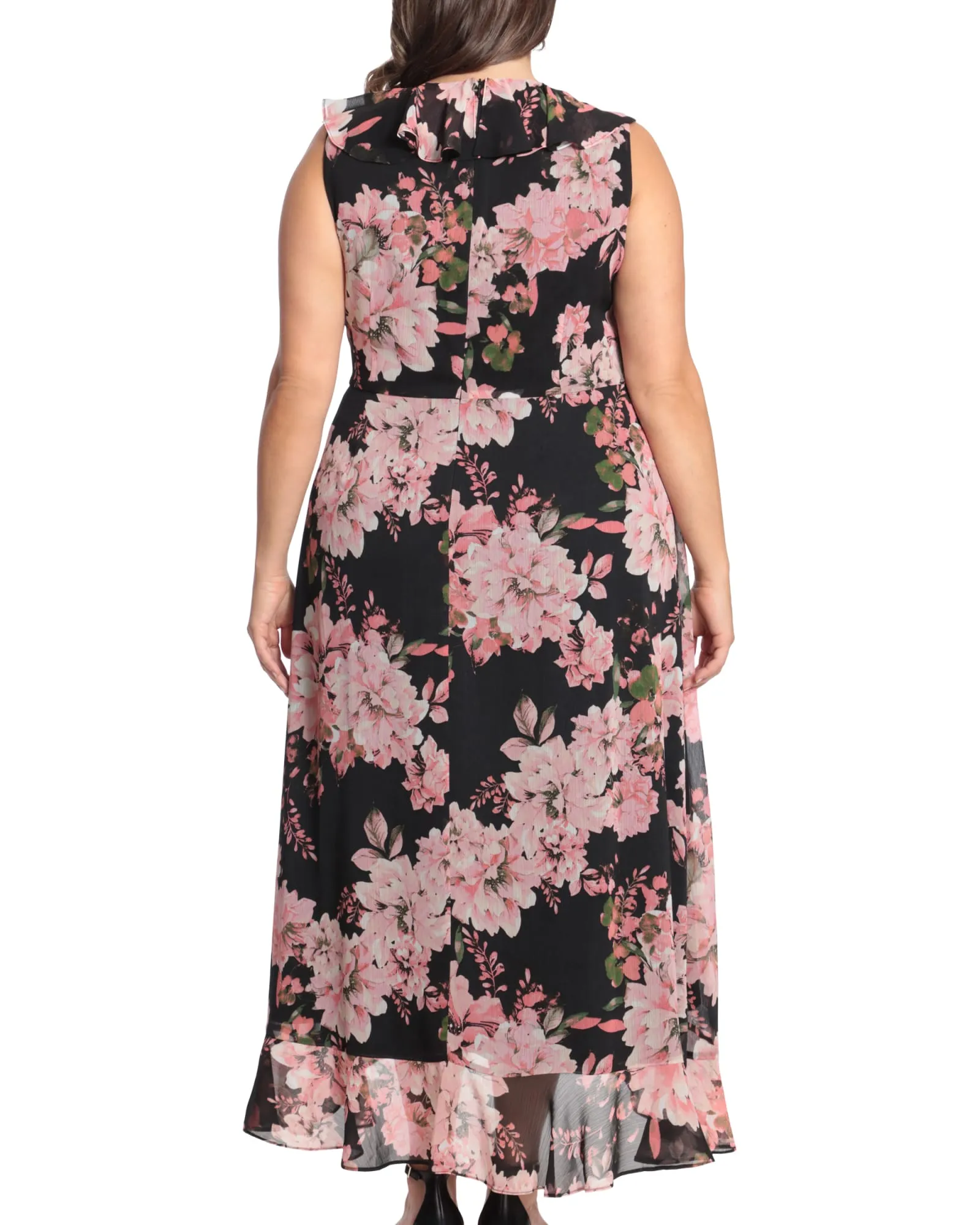 Floral side tie ruffle wrap maxi dress | Black/Pink