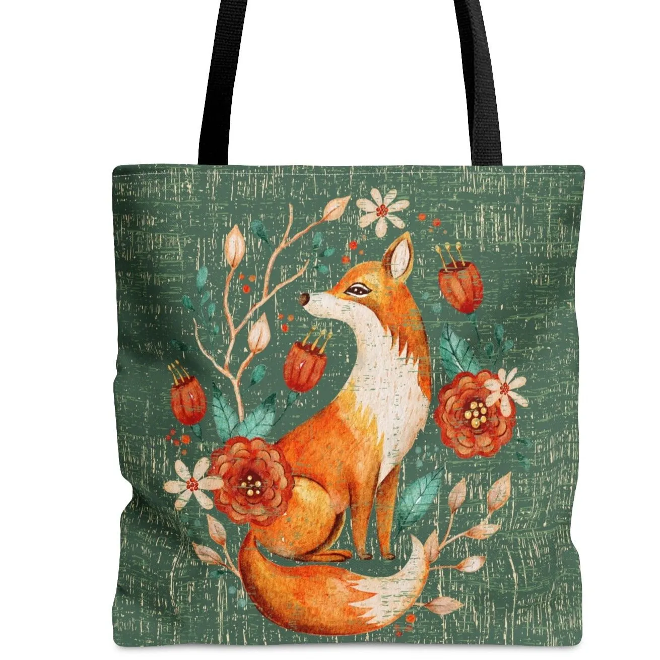 Fox with Foliage on Sage Green Background Large Tote Bag - Nature-Inspired Accessory