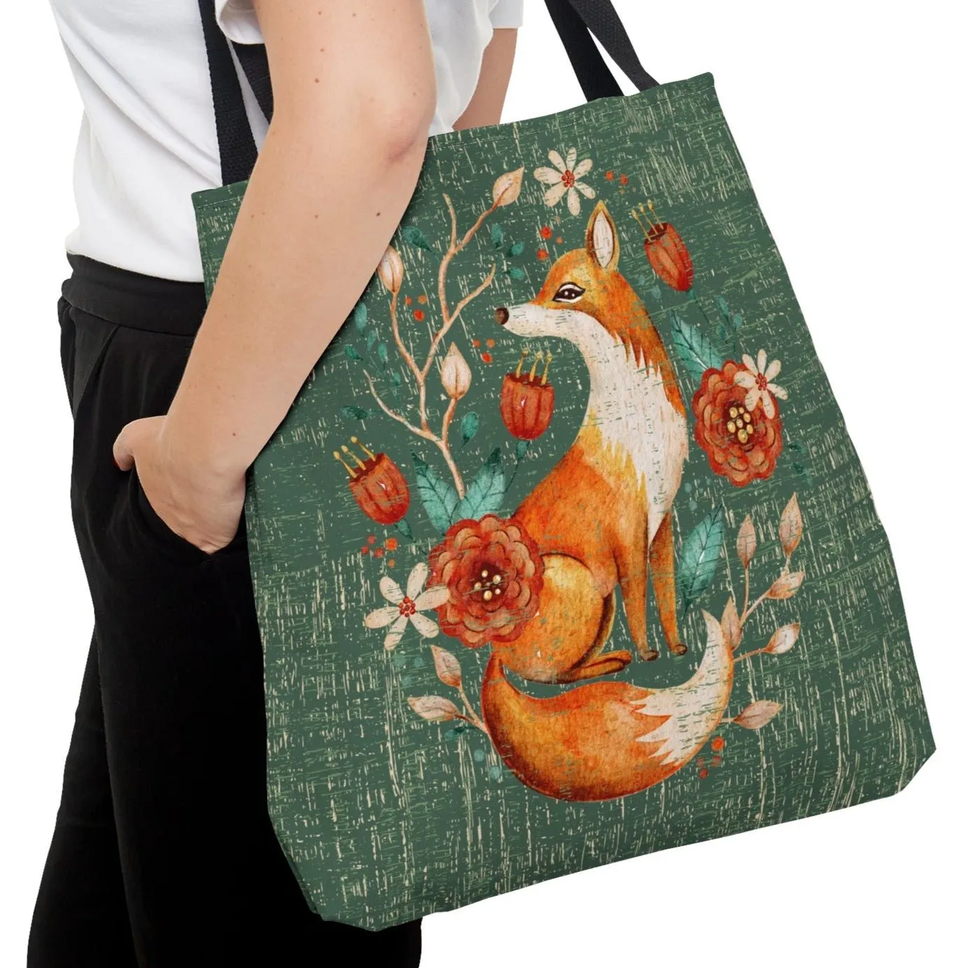 Fox with Foliage on Sage Green Background Large Tote Bag - Nature-Inspired Accessory