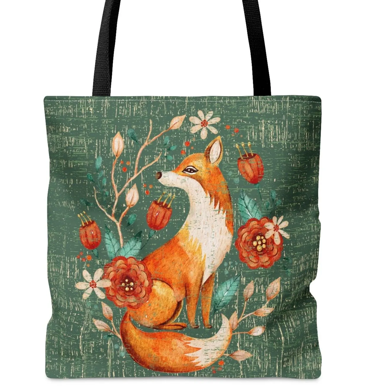 Fox with Foliage on Sage Green Background Large Tote Bag - Nature-Inspired Accessory