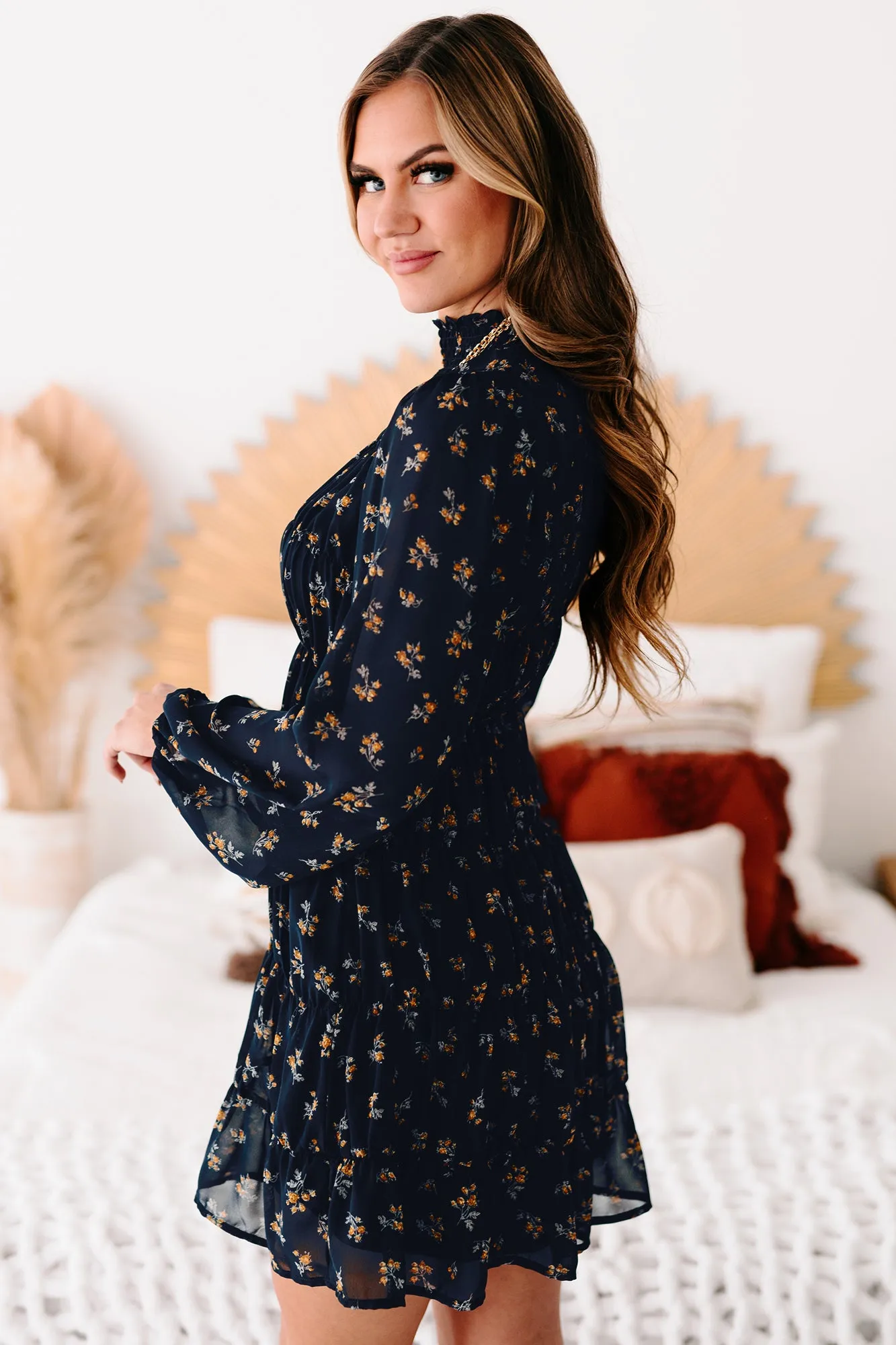 Freely Flying Floral Smocked Long Sleeve Dress (Navy)