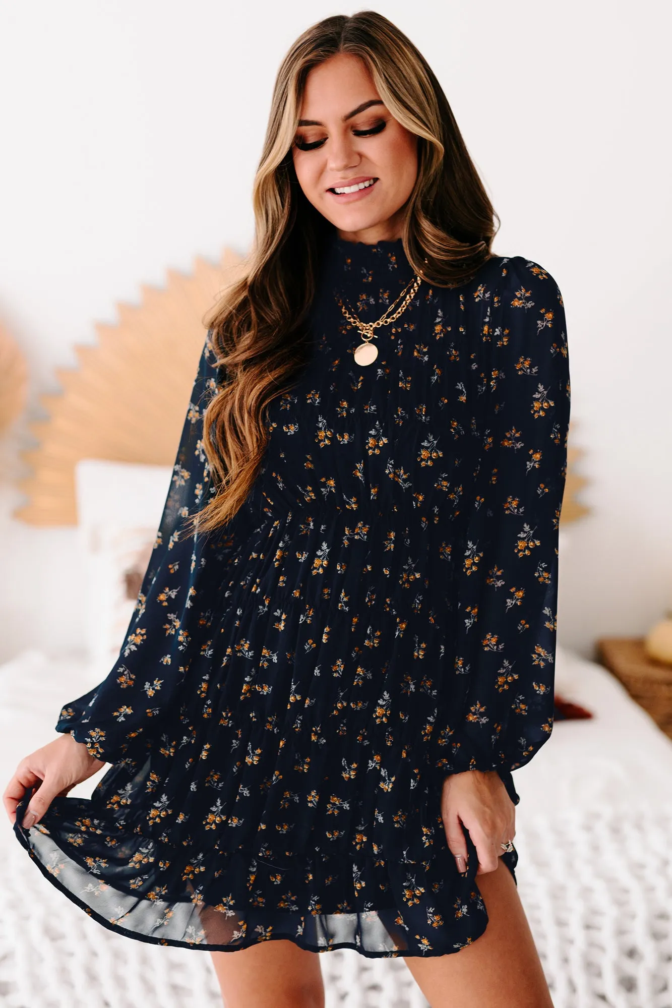 Freely Flying Floral Smocked Long Sleeve Dress (Navy)