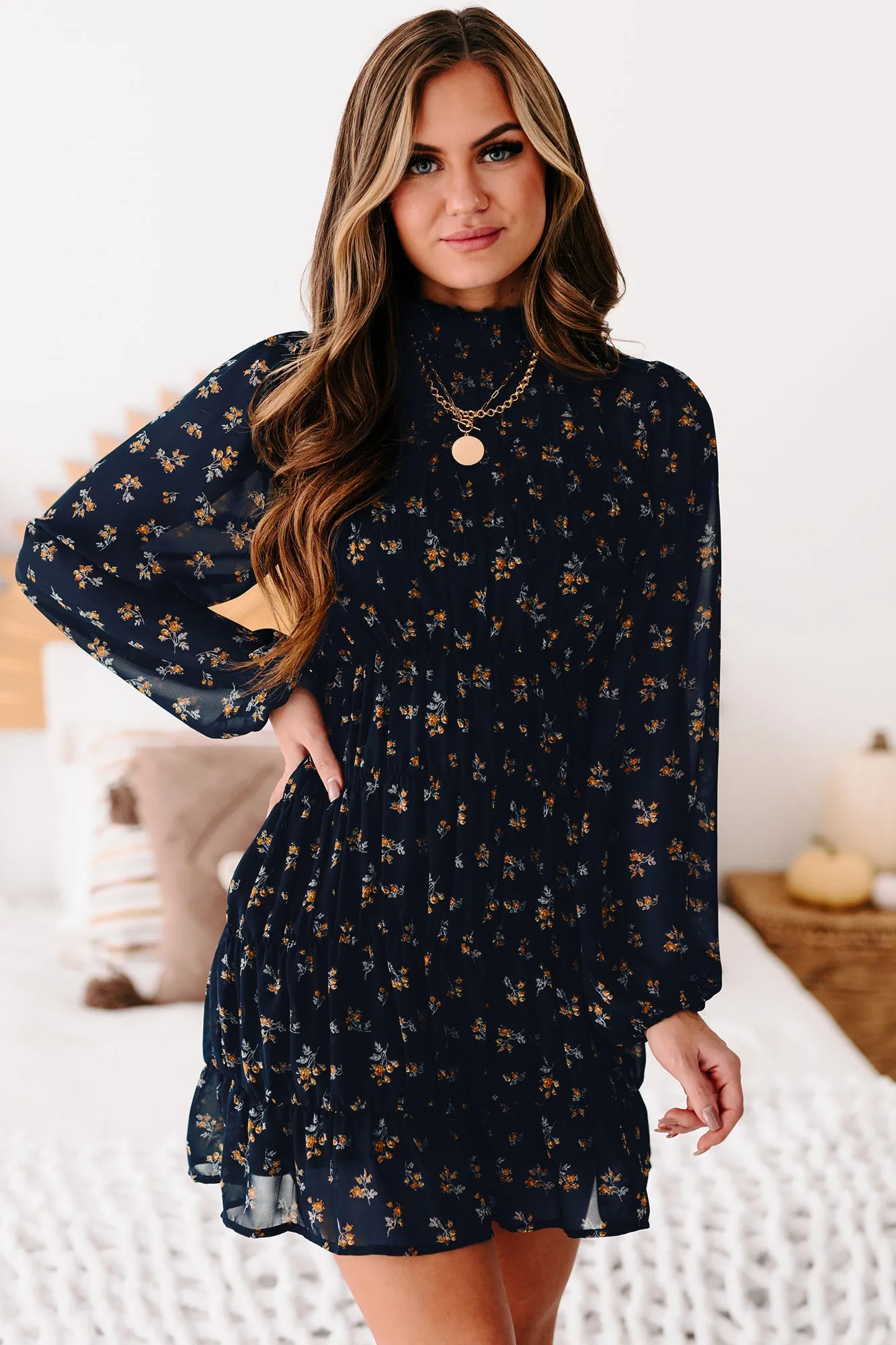 Freely Flying Floral Smocked Long Sleeve Dress (Navy)