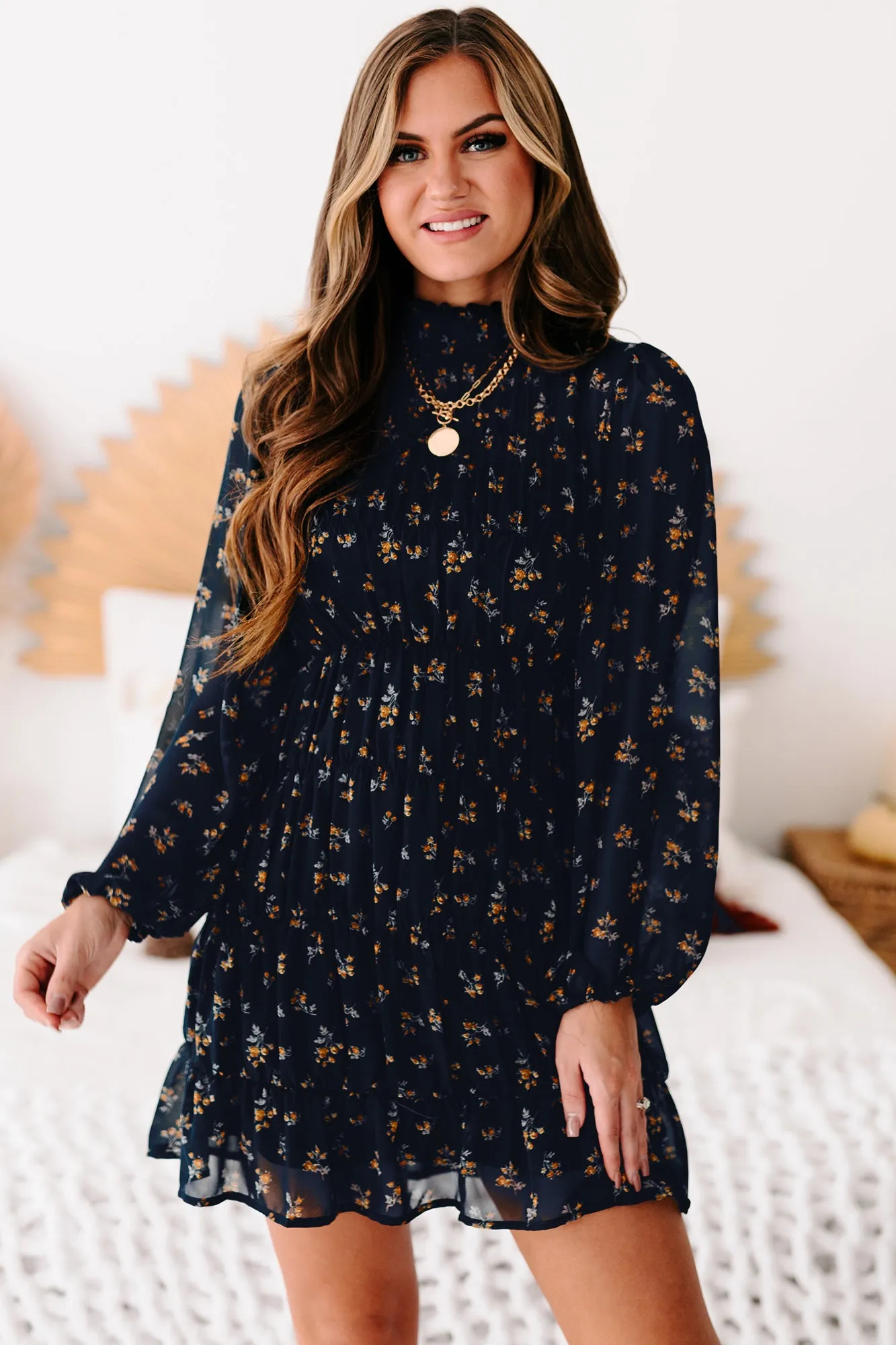 Freely Flying Floral Smocked Long Sleeve Dress (Navy)