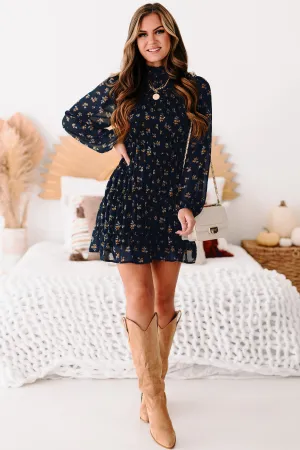 Freely Flying Floral Smocked Long Sleeve Dress (Navy)