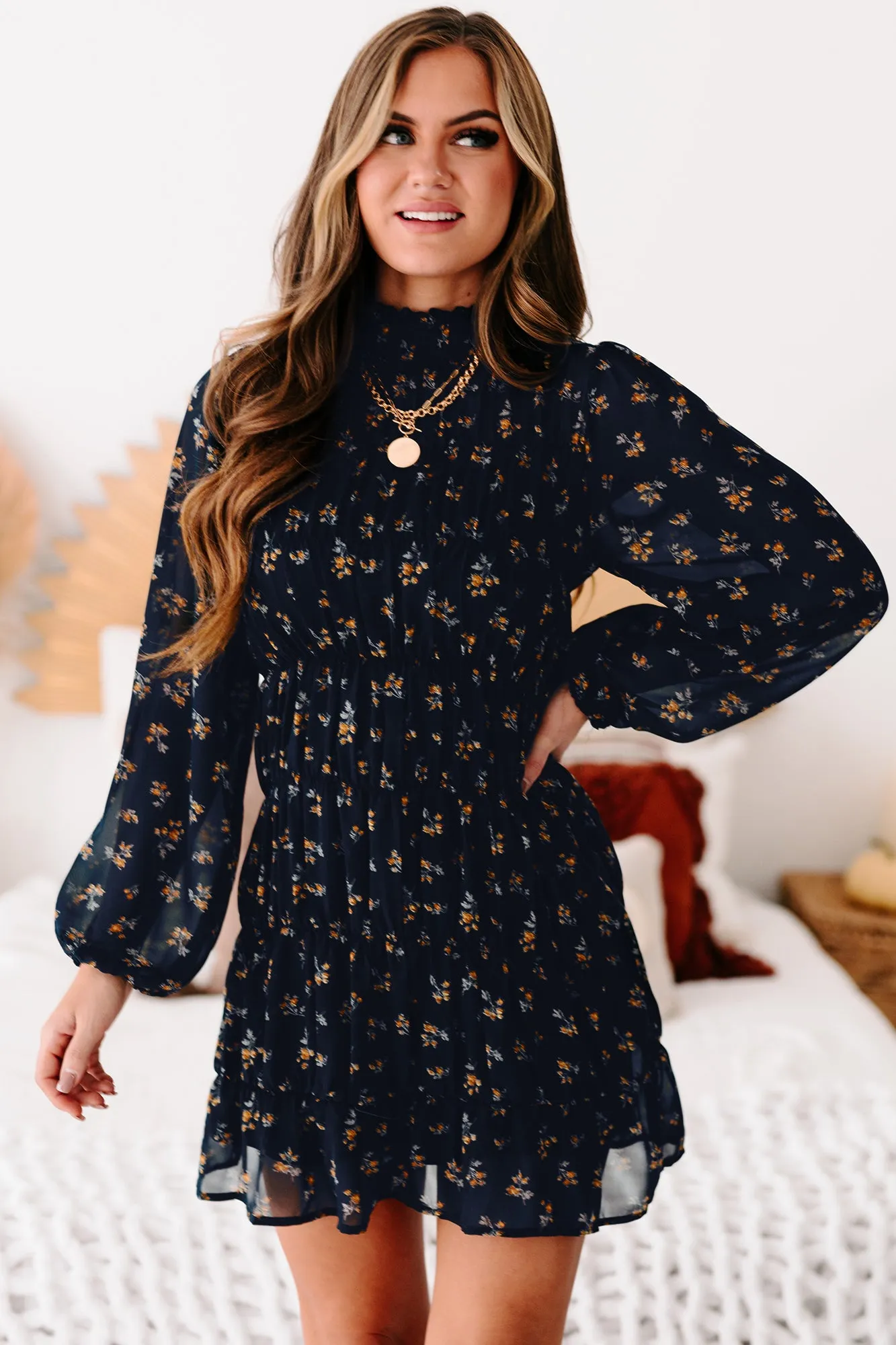 Freely Flying Floral Smocked Long Sleeve Dress (Navy)