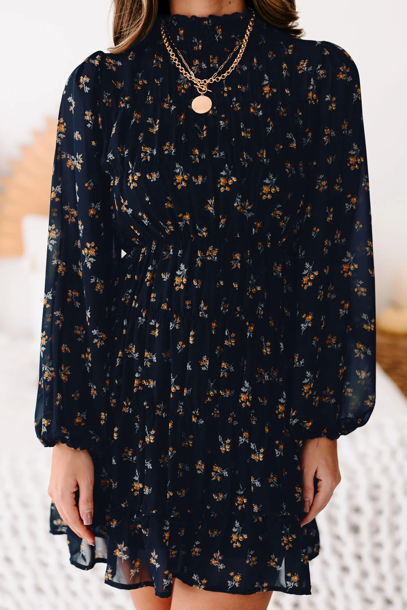Freely Flying Floral Smocked Long Sleeve Dress (Navy)