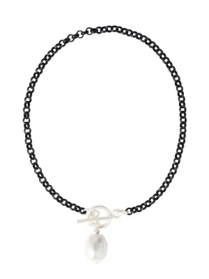 Handmade Black Rolo Link Toggle Necklace with Cotton Pearl Pendant