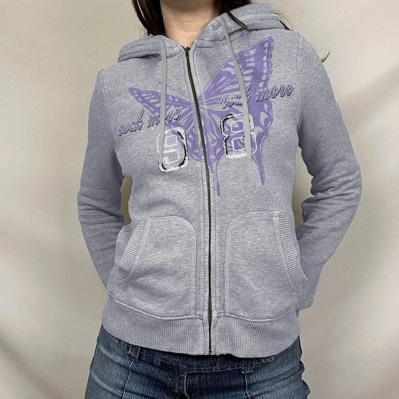 Harajuku Butterfly Printed Zip Up Jacket Autumn Hoodie Women Korean Fashion Y2K Hooded Sweatshirts Slim Cute Outfits