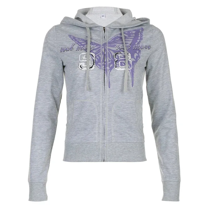 Harajuku Butterfly Printed Zip Up Jacket Autumn Hoodie Women Korean Fashion Y2K Hooded Sweatshirts Slim Cute Outfits