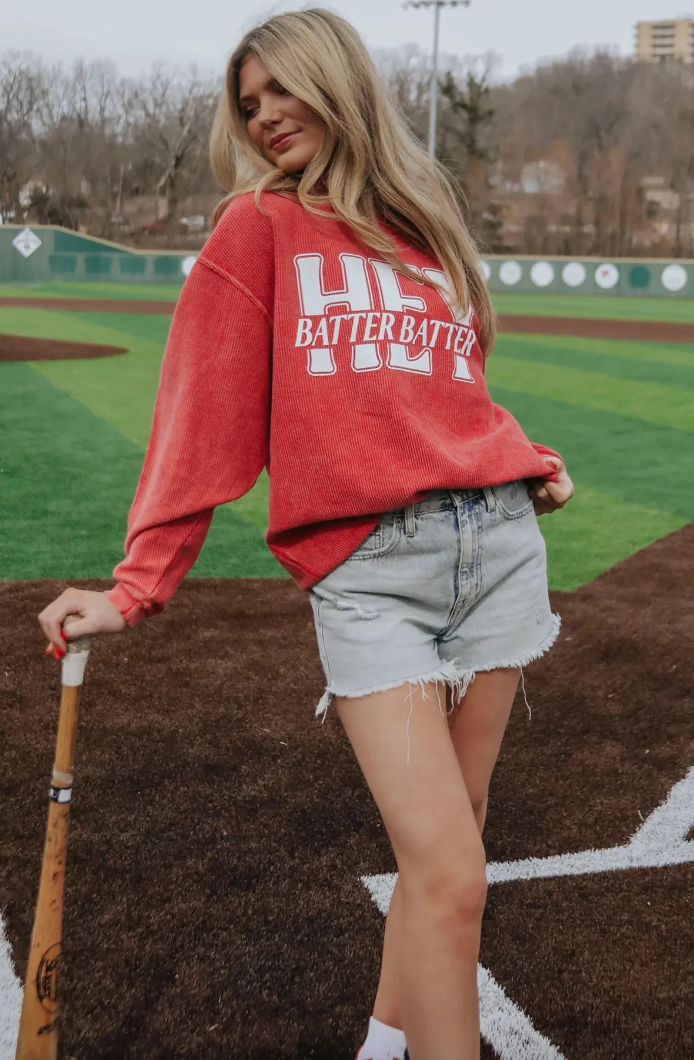 Hey Batter Batter Corded Sweatshirt | Red