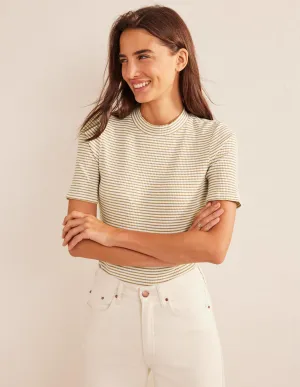 High Neck Ribbed Top-Ivory/Camel Stripe