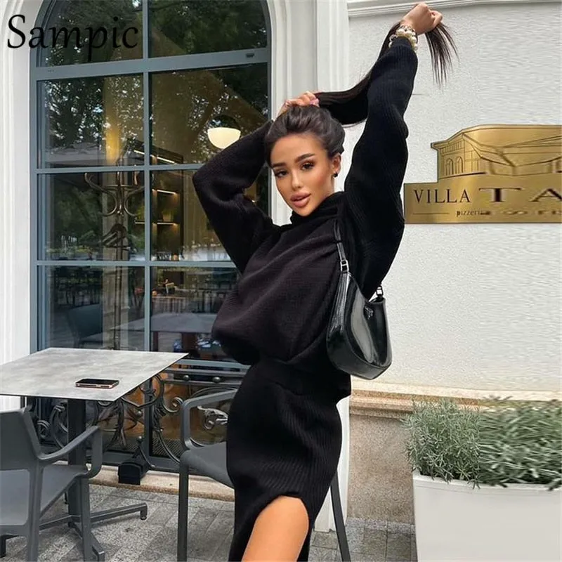 Joskaa Christmas Gift Sampic Winter 2024 Knitted Long Skirt Dress Set Women Casual Turtleneck Shirt Tops And High Waisted Slit Sexy Skirt 2 Piece Set