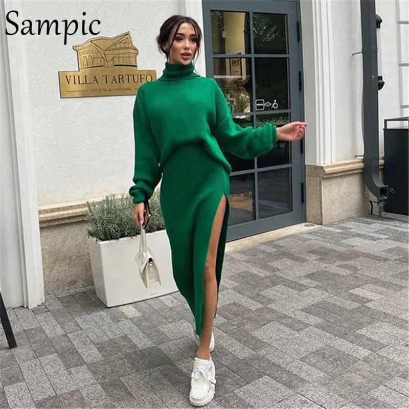 Joskaa Christmas Gift Sampic Winter 2024 Knitted Long Skirt Dress Set Women Casual Turtleneck Shirt Tops And High Waisted Slit Sexy Skirt 2 Piece Set