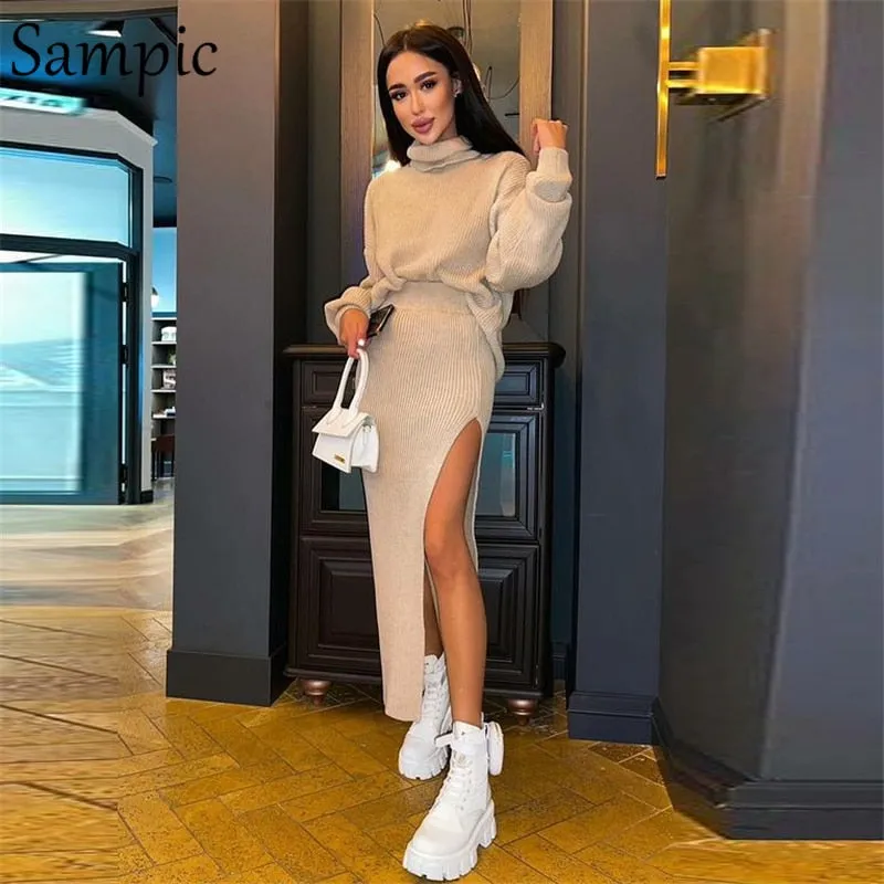 Joskaa Christmas Gift Sampic Winter 2024 Knitted Long Skirt Dress Set Women Casual Turtleneck Shirt Tops And High Waisted Slit Sexy Skirt 2 Piece Set