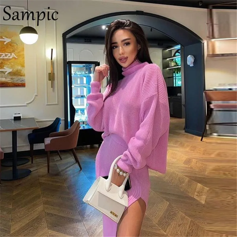 Joskaa Christmas Gift Sampic Winter 2024 Knitted Long Skirt Dress Set Women Casual Turtleneck Shirt Tops And High Waisted Slit Sexy Skirt 2 Piece Set