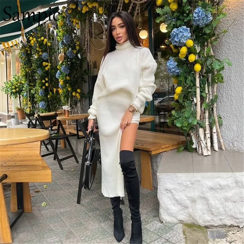 Joskaa Christmas Gift Sampic Winter 2024 Knitted Long Skirt Dress Set Women Casual Turtleneck Shirt Tops And High Waisted Slit Sexy Skirt 2 Piece Set