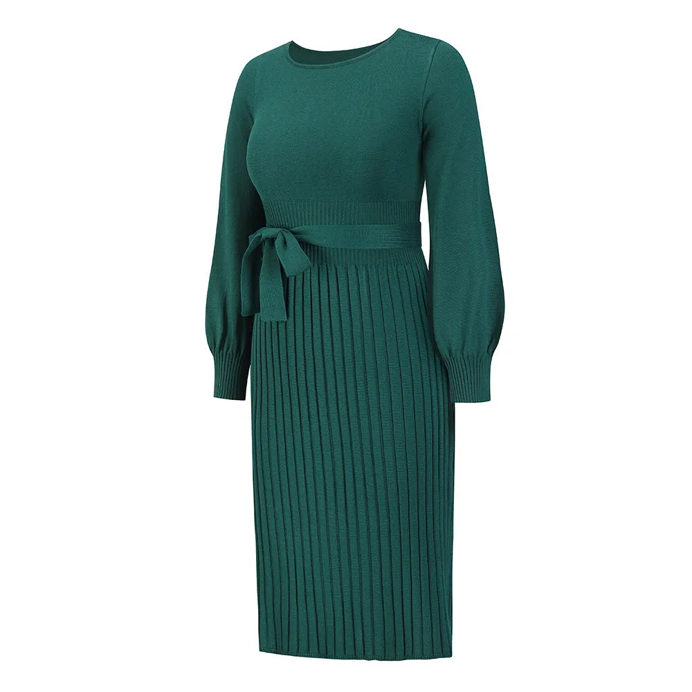 Knitted Slim-fit Pleated Midi Sweater Dress