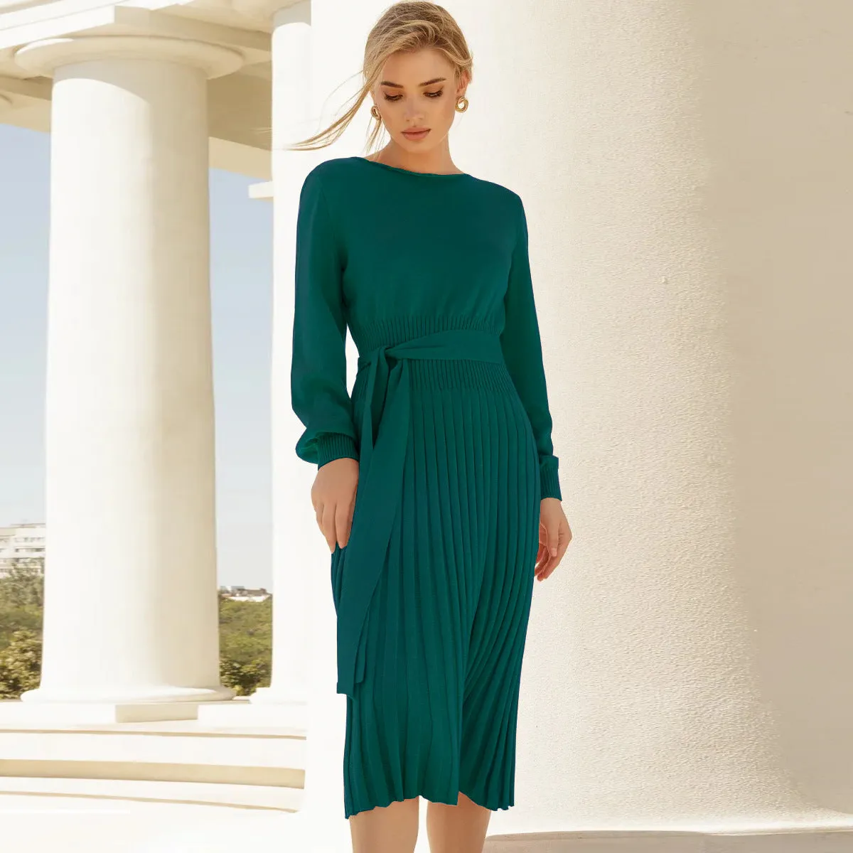 Knitted Slim-fit Pleated Midi Sweater Dress